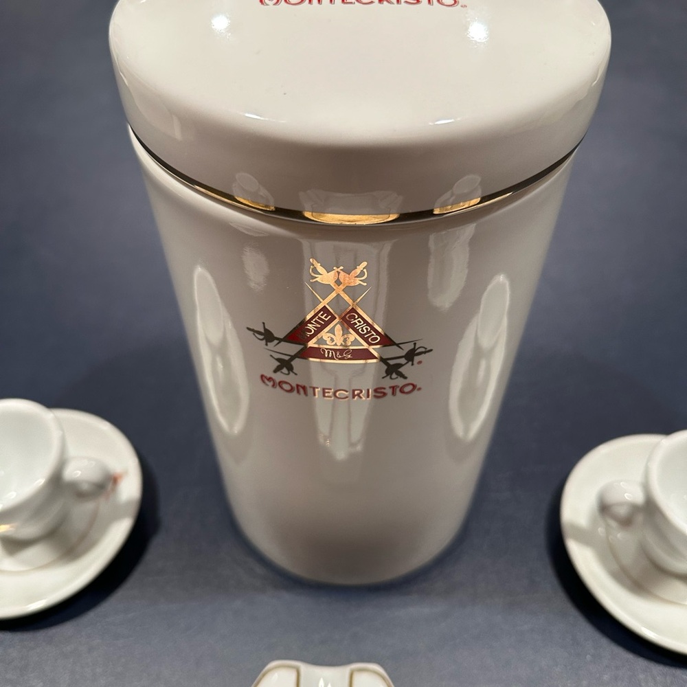 Montecristo Ceramic Cigar Jar Set with Ashtray & Coffee Cups.